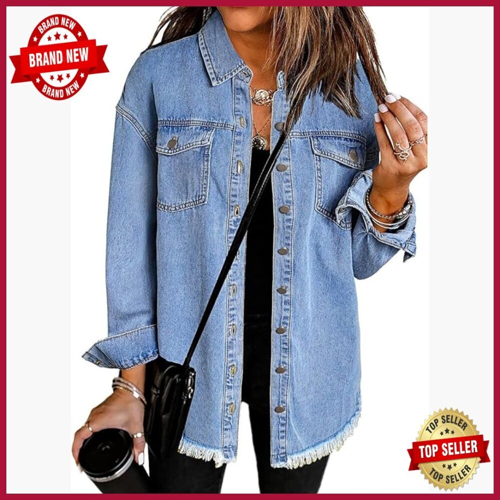 Oversized Denim Shacket with Frayed Hem and Front Pockets